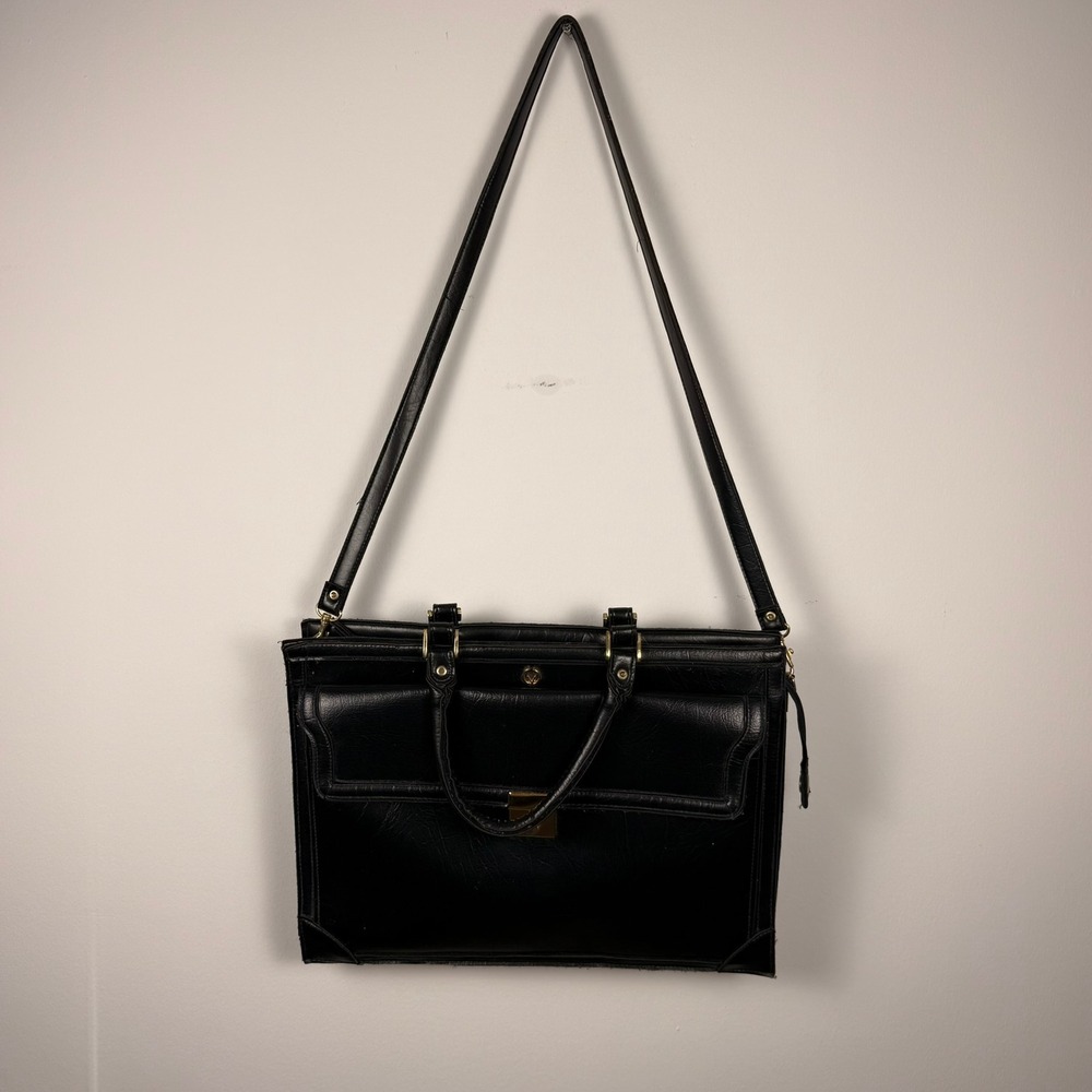 70s VTG Veneto Black Faux Leather Briefcase DOCTOR Bag Gold Hardware‎ Turnlock